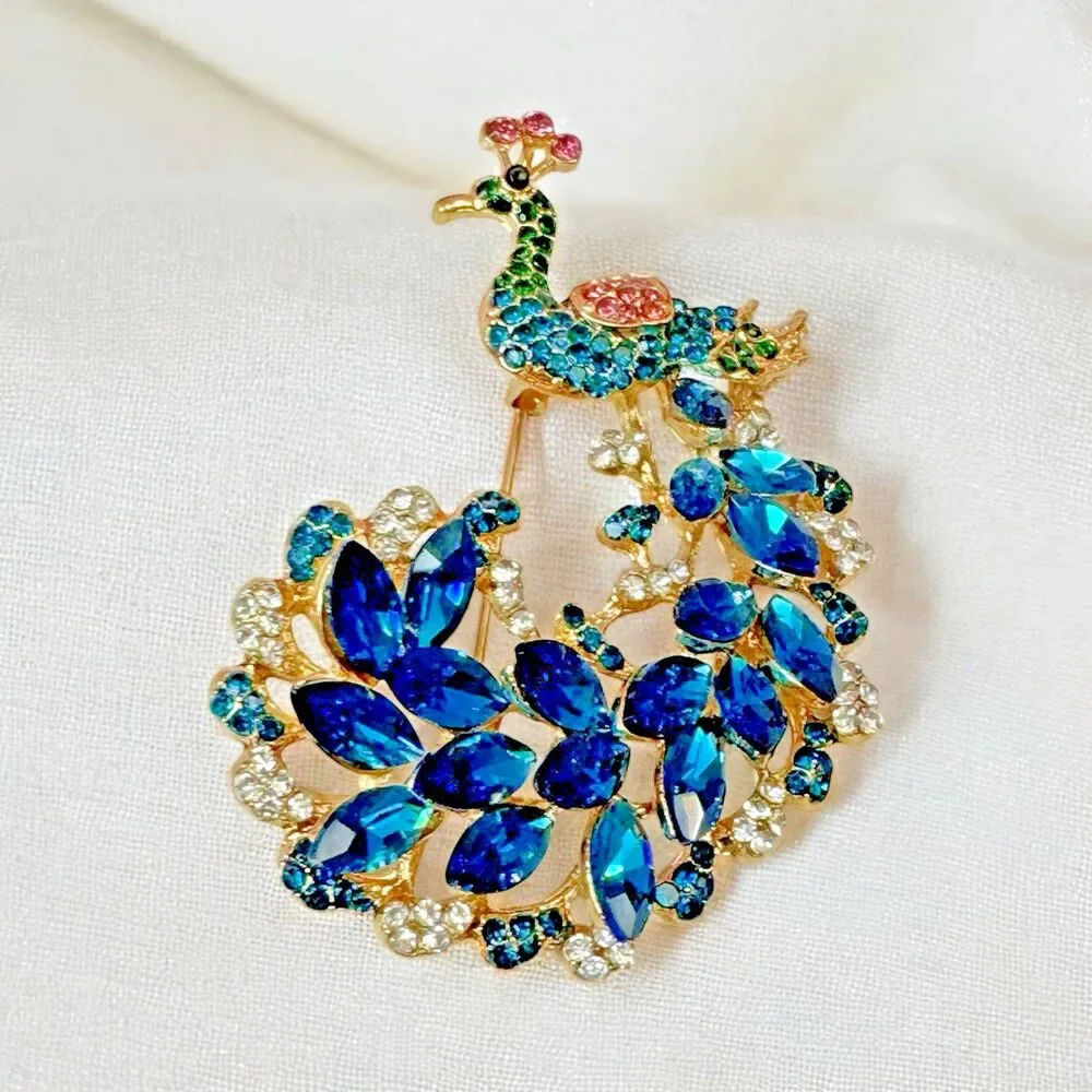 Peacock Brooch Blue Rhinestone Navette Goldtone Pin 2.25”